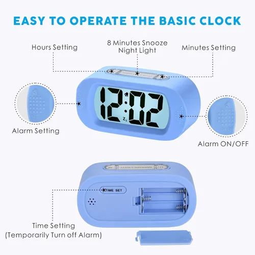 Vista 5 de Plumeet Reloj Despertador para Niños LCD Digital Grande Relojes Despertadores de Viaje con Repetición y Luz Nocturna - Sonido Ascendente