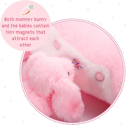Vista 4 de Libima 5 juguetes de peluche de conejo de enfermería, color rosa de 15 pulgadas, suave, con 4 conejos magnéticos para bebé, conejito de peluche