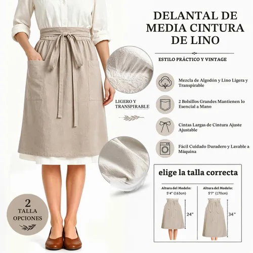 Vista 3 de Linen Pioneer - Delantal de cintura para mujer con bolsillos Beige