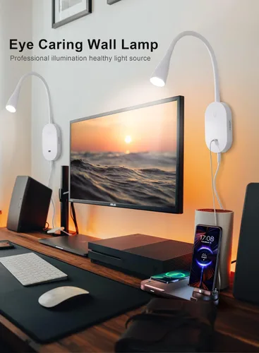 Vista 2 de deeloop Luz de lectura LED de montaje en pared para cama, lámpara de lectura con salida USB, 5 niveles de brillo, luces de libro de control táctil