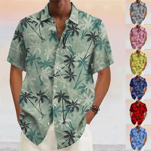 Vista 3 de Camisa hawaiana para hombre, con botones, manga corta, casual, elegante, grande y alta, floral, verano, tropical, para vacaciones