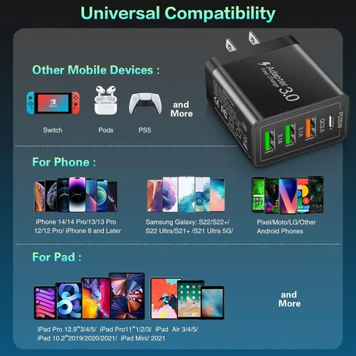 Vista 6 de [Paquete de 4] Cargador de pared USB-C, adaptador de corriente rápido 3.0+PD 3.0 de 35 W y 4 puertos
