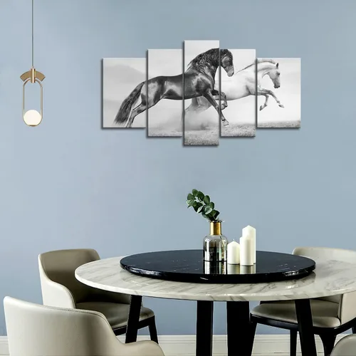 Vista 5 de Arte de pared de 5 paneles negro Friesian Running Horse Trot en el campo al atardecer, hierba y flores, cuadros impresos en lienzo animal la imagen