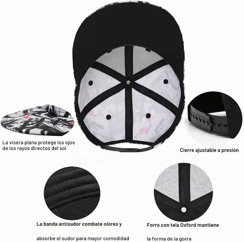 Vista 5 de Gorra de béisbol para hombre, estilo hip hop, visera plana, ajustable, unisex, ajustable, transpirable Nota musical Graffiti Negro