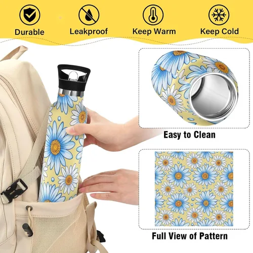 Vista 4 de Trendy Daisy - Botella de agua reutilizable con asa, reutilizable, sin BPA, con asa, para hogar, oficina, viajes, deportes, escuela, 20 onzas, termo