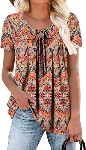 Vista 20 de BETTE BOUTIK Blusas de verano para mujer, plisadas, de manga corta, con cordón, cuello redondo, tallas S-3XL