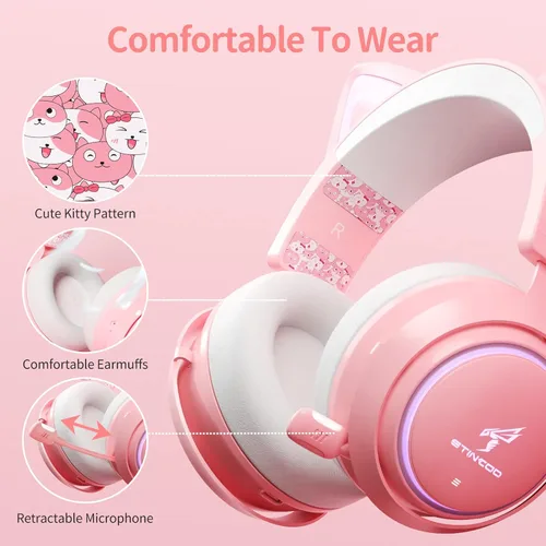 Vista 6 de EASARS Auriculares inalámbricos con orejas de gato auriculares Bluetooth para smartphone micrófono retráctil controladores de 1969in iluminación RGB