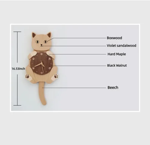 Vista 4 de Reloj de pared de gato con cola oscilante, reloj de pared de madera maciza, funciona con pilas silenciosas, 5 tipos de empalme de madera, para aula