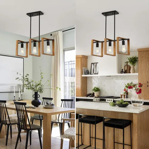 Vista 6 de 9MMML Lámpara de 3 luces para isla de cocina, lámpara de comedor negra, con marco de madera, para sala de estar, vestíbulo, entrada, pasillo, E26