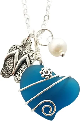 Vista 12 de Collar de cristal de mar hecho a mano, collar de corazón de alambre, collar de abalorios y perlas, joyería de cristal de mar, regalo de cumpleaños