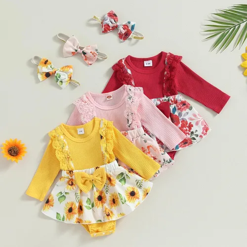 Vista 2 de Mubineo Ropa de primavera y otoño para bebé niña, traje de manga larga con encaje floral