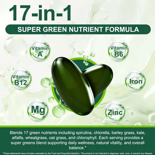 Vista 7 de Spirulina & Chlorella Supergreens Softgels, mezcla de Supergreens 17 en 1, proteína a base de plantas, naturalmente rica en clorofila, sin gluten
