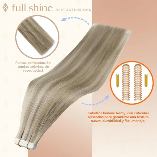 Vista 2 de Full Shine - Extensiones de cabello humano con cinta adhesiva, 18 pulgadas, extensiones de cabello rubio ceniza, extensiones de cabello humano real