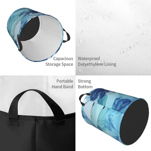 Vista 4 de Cesta circular con estampado de libélula azul artística impermeable, cesta organizadora de almacenamiento con asas para ropa, juguetes, pequeña