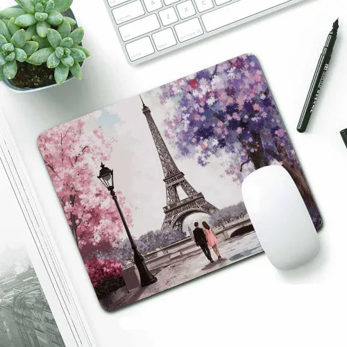 Vista 2 de IBILIU Alfombrilla para mouse de la Torre Eiffel, pintura al óleo, acuarela, París, flores rosas, árboles, rectangular, base de goma antideslizante