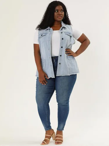 Vista 3 de Agnes Orinda Chaquetas de mezclilla para mujer 2023, talla grande, con solapa frontal, deshilachada, lavada, sin mangas, chaleco de mezclilla largo