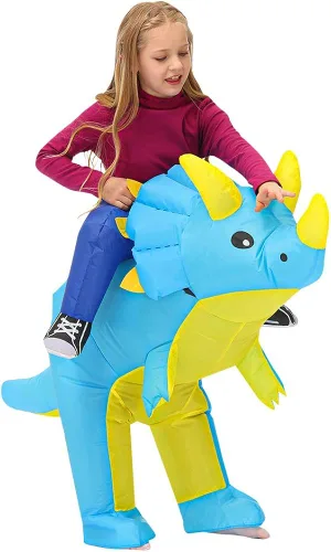 Vista 6 de Disfraz inflable azul Triceratops Ride Dinosaur Air Blow-up Deluxe Halloween Suit para adultos, niños y niños pequeños