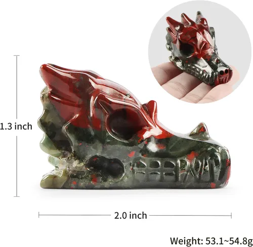 Vista 3 de SMQ Estatua de calavera de cabeza de dragón de cristal de 2 pulgadas, tallada a mano, piedra de sangre de África, piedras preciosas realistas