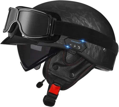 Vista 19 de Casco de cara abierta con Bluetooth para hombres y mujeres, casco retro de estilo alemán con diseño de calavera, visera con gafas, casco de media