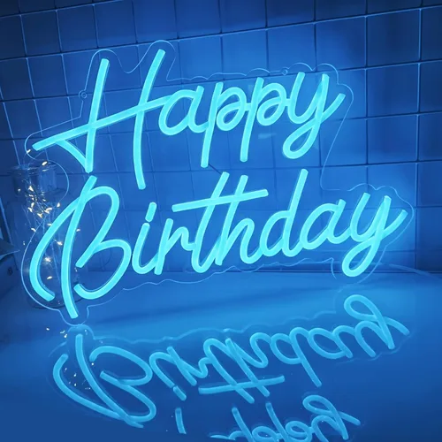 Vista 8 de Letrero de neón de feliz cumpleaños, reutilizable, luz nocturna LED de neón azul hielo, decoraciones de fiesta de cumpleaños, funciona con USB