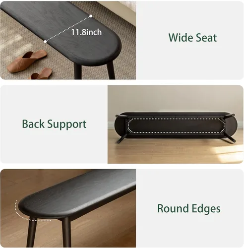 Vista 5 de Banco de comedor 100% roble macizo, banco de madera para el extremo de la cama con esquinas redondeadas, bancos de entrada para entrada, pasillo