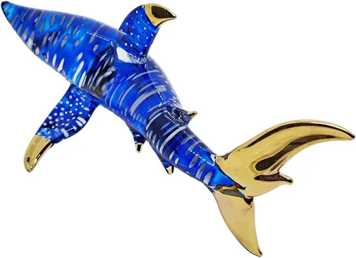 Vista 5 de Pequeña figura de tiburón blanco punteado azul dorado de 6.5 pulgadas, tiburones de vidrio soplado a mano, vida marina, peces marinos, animales