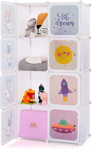Vista 16 de INFANS Armario para niños, armario portátil para bebé, lindo para dormitorio de niños, armario de guardería con puertas, 12 cubos, 2 secciones
