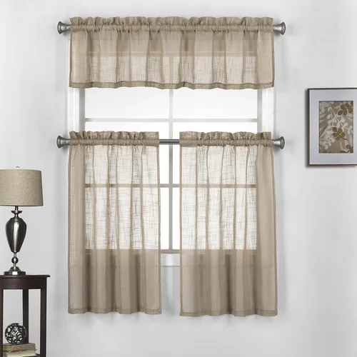 Vista 16 de Juego de 3 cortinas de lino con textura para ventana de cocina y cafetería, 24 pulgadas de largo, color negro