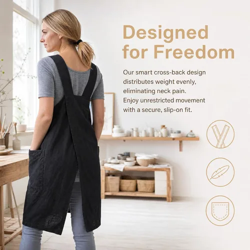 Vista 5 de Delantal Pinafore con espalda cruzada con bolsillos, delantal de lino y algodón, talla grande Negro
