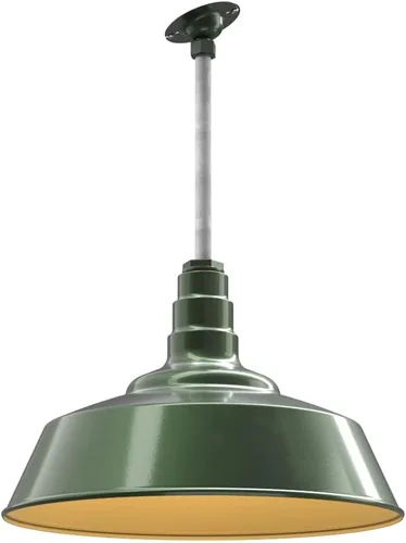 Vista 40 de Steel Lighting Co. Manhattan Warehouse Light Colgante montado en el techo Cúpula de 20 pulgadas vástago de 12 pulgadas Luz de granero