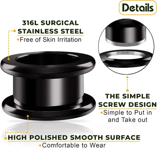Vista 4 de Big GAUGES Par de dilatadores de acero quirúrgico 316L negro anodizado túnel piercing joyería ensanchador de oreja redondeado tapones pendiente