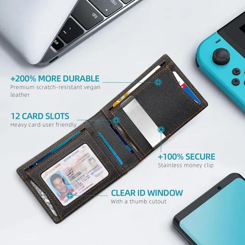 Vista 46 de Zitahli - Carteras delgadas con clip para dinero para hombre, tarjetero minimalista, de cuero, plegable, con bloqueo RFID, cartera de bolsillo