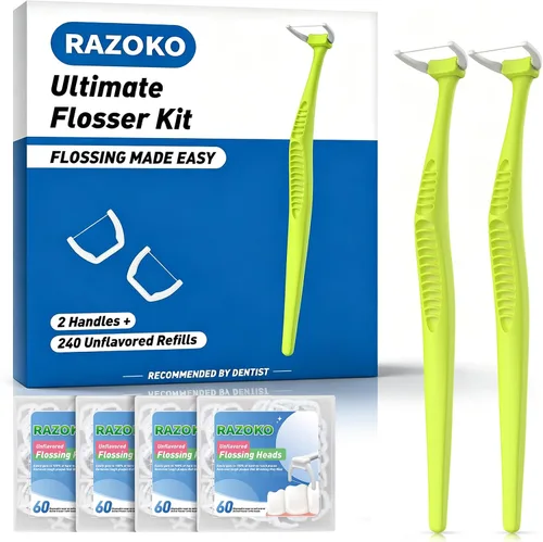 Vista 16 de RAZOKO Kit de hilo dental de mango largo (1 mango verde + 120 recambios) Púas de hilo dentales extra fuertes resistentes a la rotura para dientes
