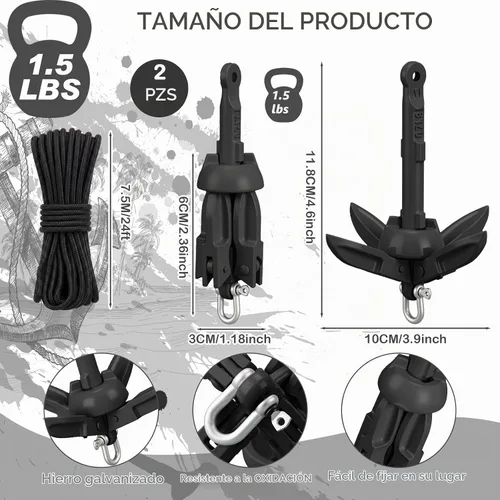 Vista 2 de Lounsweer Paquete de 2 anclajes de kayak marino de 1.5/3.5 libras, kit de anclaje plegable para barco, kayak, pesca, accesorios para botes pequeños