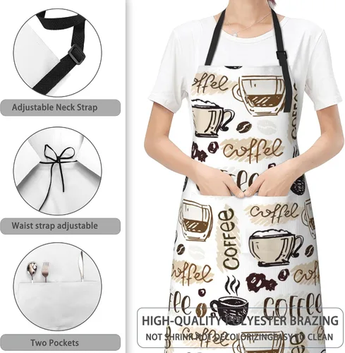 Vista 3 de Delantal, delantal con cuello ajustable para mujer, adecuado para el hogar, cocina, delantal de cocina Café Doodle