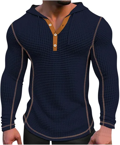 Vista 4 de Sudaderas con capucha para hombre, casuales, de manga larga, con cordón, de punto gofre, sudadera con capucha de ajuste muscular, camisetas