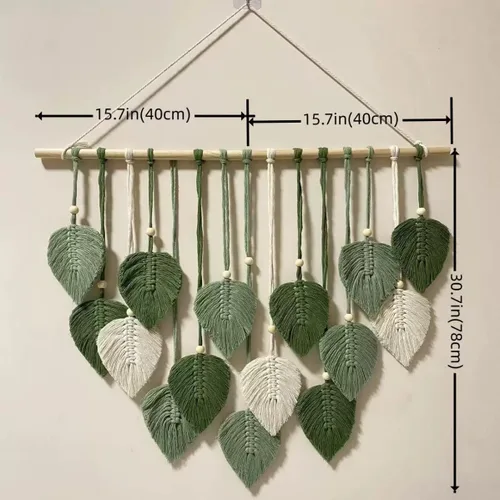 Vista 2 de MSFENG Tapiz para colgar en la pared, diseño de hojas, bohemio, decoración de pared tejida con plumas tejidas a mano, borlas de hilo tejido, Verde