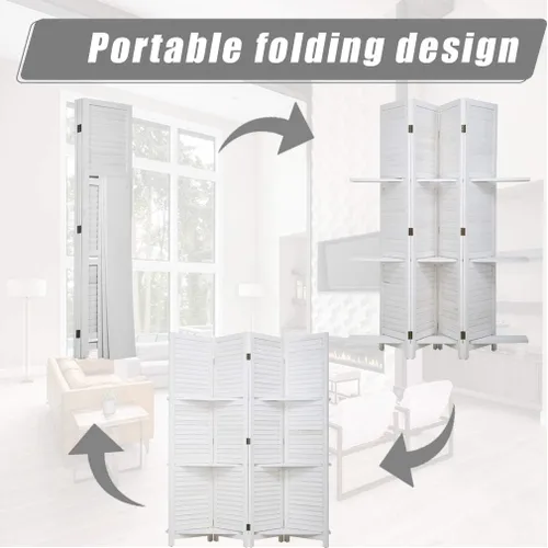 Vista 5 de Divisor de habitación de pared plegable de madera, pantalla plegable de 4 paneles con tres estantes inteligentes, divisor tejido a mano de malla