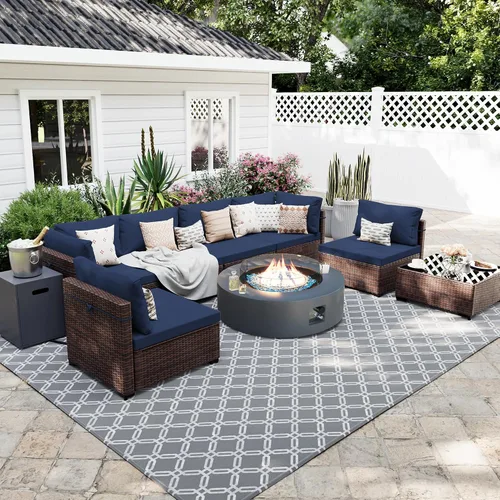 Vista 9 de UPHA Juego de muebles de mimbre para patio de 5 piezas con mesa auxiliar Cojín de ratán marrón y beige