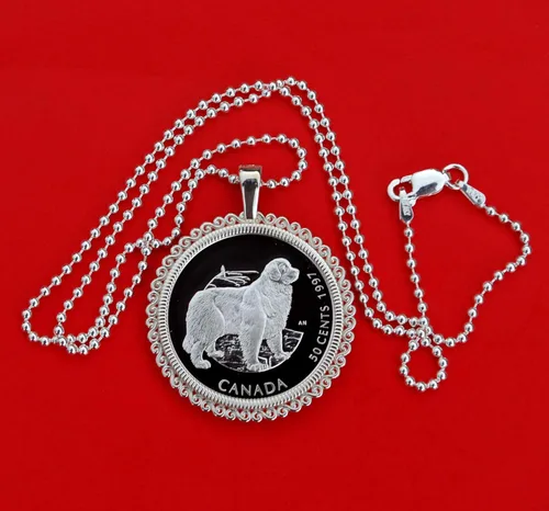 Vista 2 de 1997 Canada Discovering Nature 50 Cents Proof-like BU Uncirculated Sterling Silver Coin Solid 925 Sterling Silver Necklace NEW - Newfoundland Dog