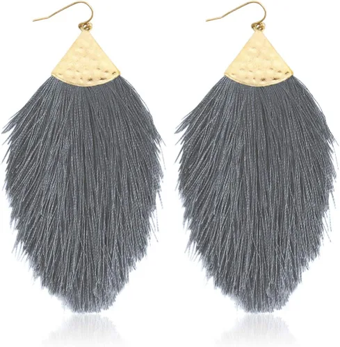 Vista 27 de Aretes bohemios de hilo sedoso con flecos y borlas – Ligeros, colgantes, con hebras y forma de pluma Fleco de plumas - Azul Aqua
