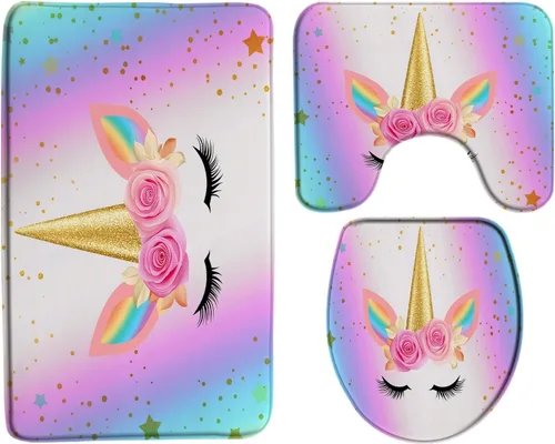 Vista 2 de AMFD Juego de 3 alfombras de baño con diseño de unicornio, arco iris, cabeza mágica, rosa, flor, romántico, niña, niña, niña, rosa, azul