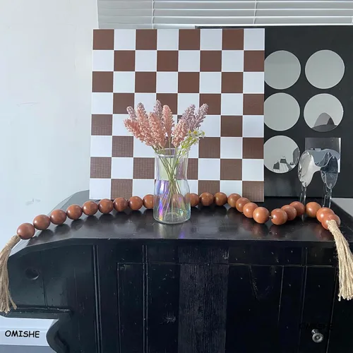 Vista 169 de OMISHE Guirnalda de cuentas de madera extra grande con cuentas de madera y borlas de 1.6 pulgadas de diámetro, cuentas decorativas rústicas de 41