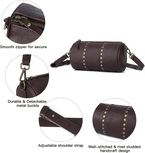 Vista 5 de Bolsos cruzados de cuero genuino para mujer, bolso cruzado bohemio con tachuelas, bolso de hombro pequeño para teléfono y cartera