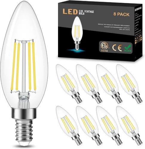 Vista 18 de Cotanic Bombilla LED regulable para candelabro de 2700 K, luz blanca cálida, base E12, equivalente a 60 W, bombilla tipo B con forma de vela