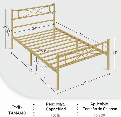 Vista 2 de Yaheetech Base de cama de metal individual, base de cama con plataforma, base de colchón con cabecera y estribo de diseño curvo, soporte resistente