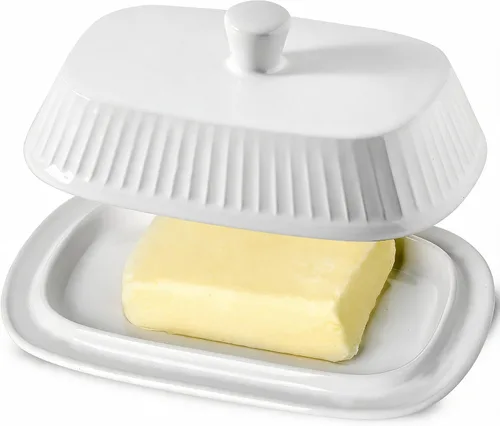 Vista 10 de HASENSE - Mantequillera con tapa, recipiente de mantequilla de porcelana con asa para encimera, gran mantequera y soporte con cubierta para Azul
