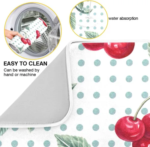 Vista 2 de Tapete de secado de platos con diseño de lunares de cereza y acuarela, para encimeras de cocina, fregaderos, tapete de secado absorbente resistente