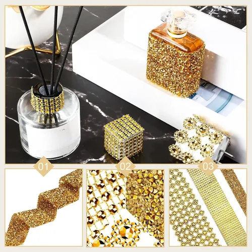 Vista 4 de WILLBOND 3 rollos de 3 yardas de cinta de diamantes de imitación de cristal brillante, 3 estilos, cintas de diamantes dorados, malla de flores