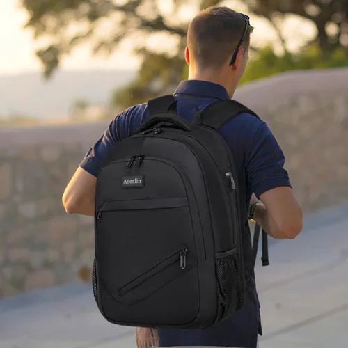 Vista 7 de Mochila Asenlin para portátil de viaje para mujeres y hombres, mochila resistente al agua para negocios, delgada y resistente, con puerto USB